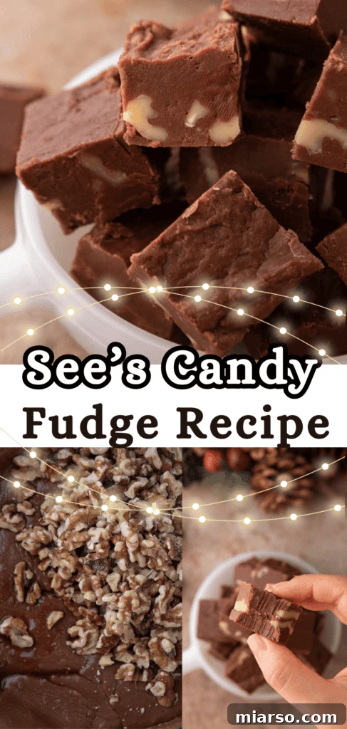 See's Candy Fudge recipe pin image, visually appealing for social sharing