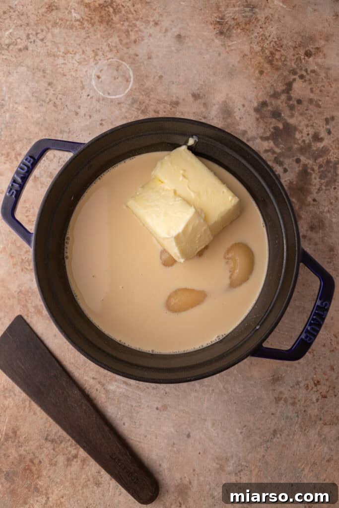 unmixed ingredients in a pot, demonstrating the initial stage of the See's Candy Fudge recipe