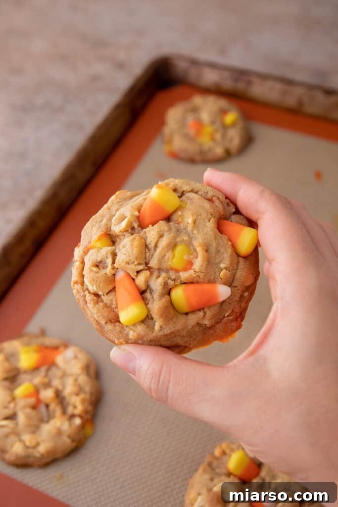 A hand holding up a freshly baked candy corn cookie, showcasing its golden edges and colorful candy corn pieces.