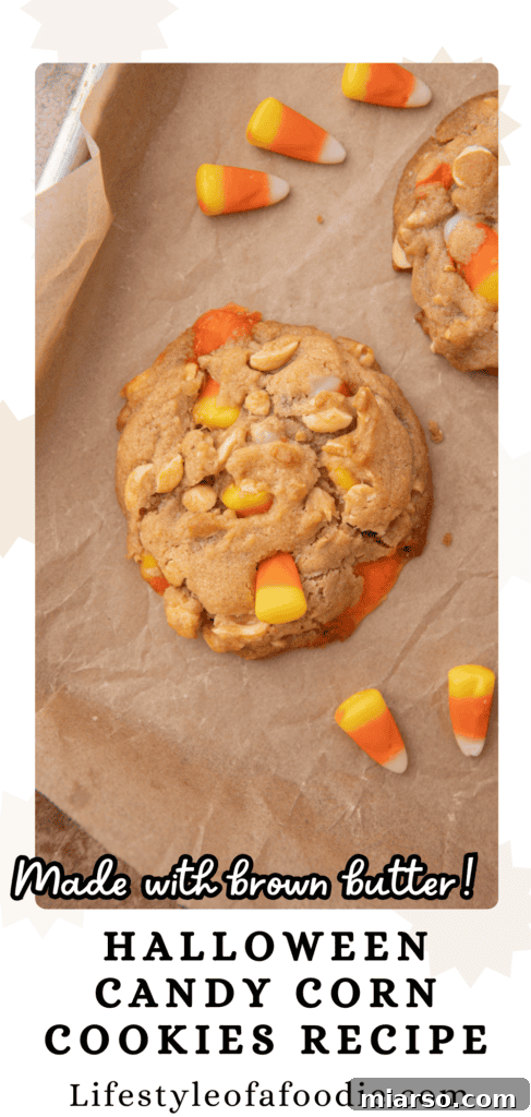 Pinterest pin image for candy corn cookies, with a seasonal backdrop.