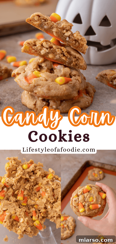 Another Pinterest pin image for candy corn cookies, highlighting the ingredients.