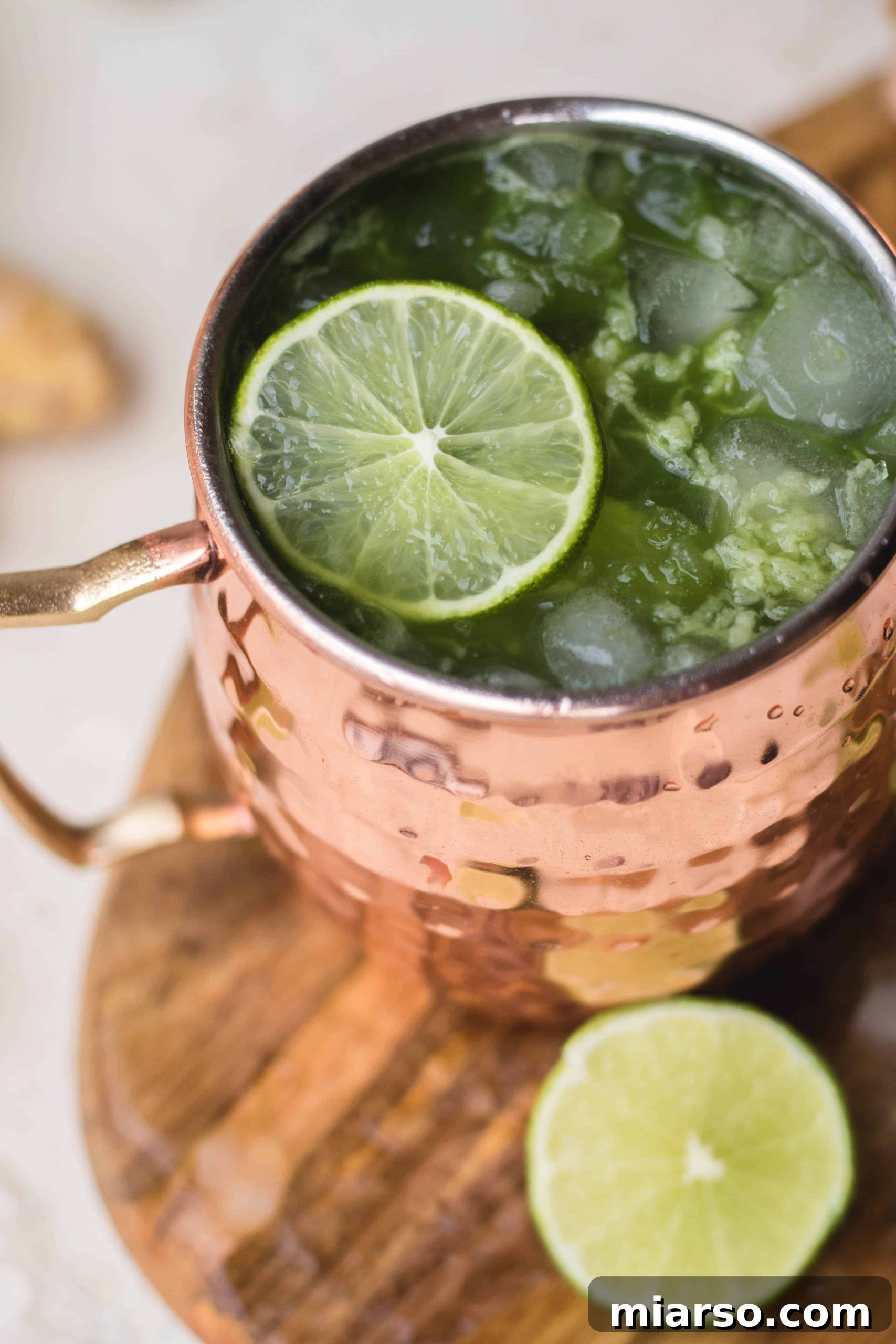 Virgin Matcha Moscow Mules, garnished and ready to serve