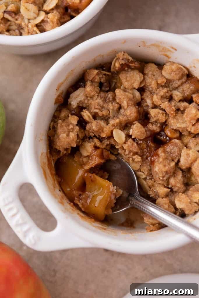 A delicious single-serving Microwave Apple Crisp for One recipe in a mug, ready to be enjoyed with a spoon.