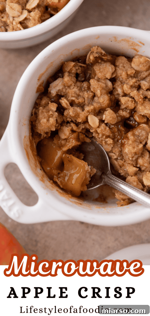 Another beautiful Pinterest pin for Microwave Apple Crisp for One, featuring the ingredients and finished dish.