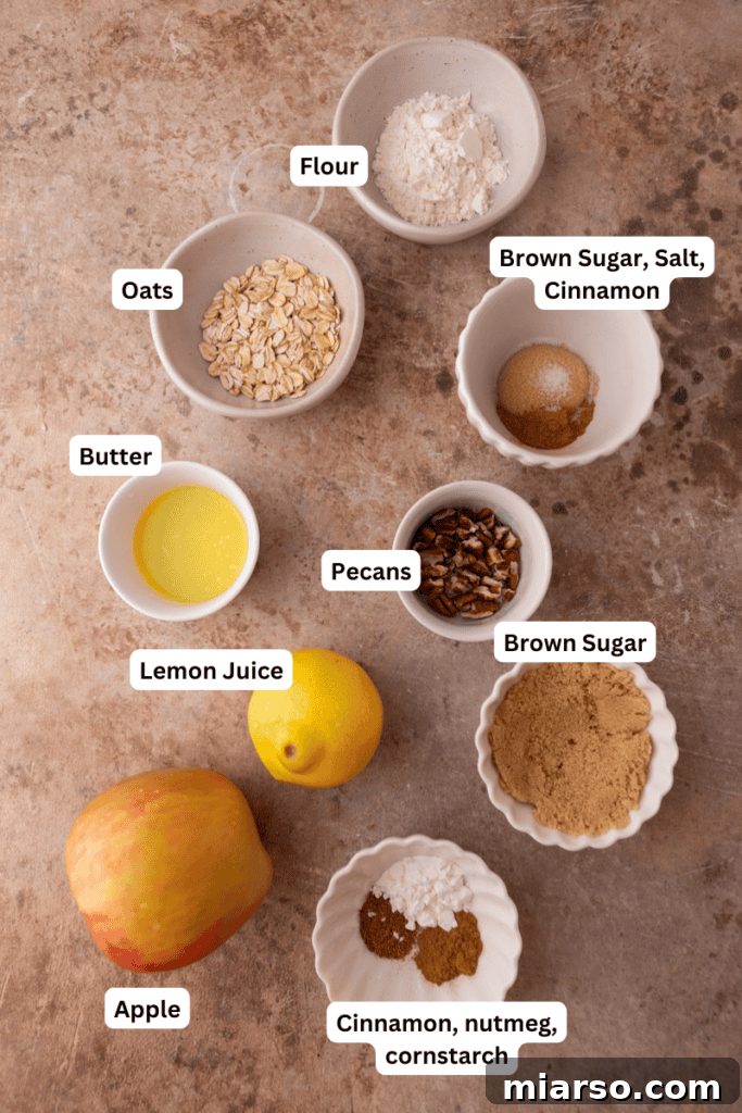 Fresh ingredients laid out on a kitchen counter, ready for making a microwave apple crisp.