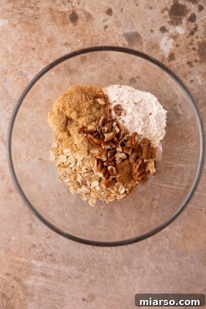 Dry ingredients for the crisp topping (oats, flour, brown sugar, spices, pecans) unmixed in a bowl.