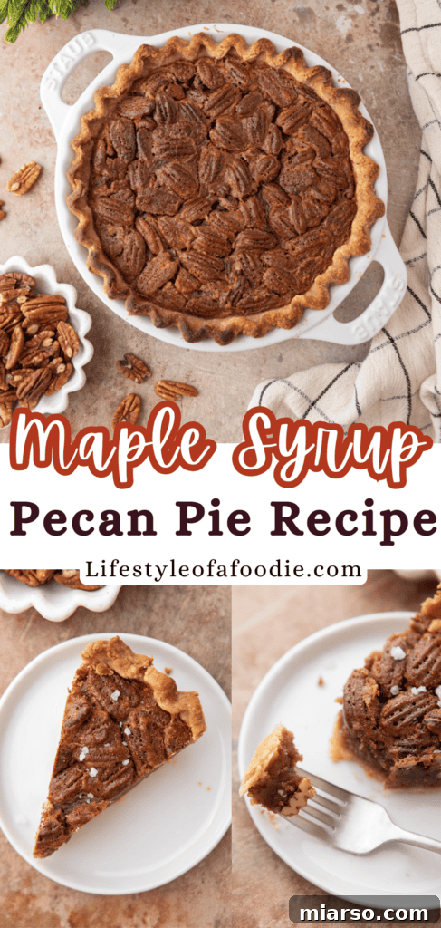 A vibrant Pinterest pin image featuring a slice of the irresistible maple pecan pie, highlighting its rich filling and flaky crust, encouraging users to save the recipe for later.