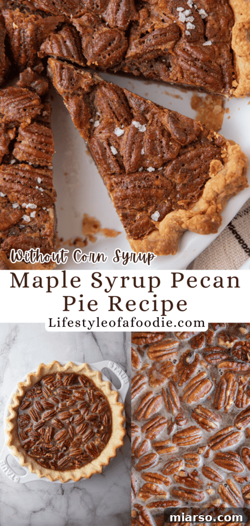 A third Pinterest pin image for the maple pecan pie recipe, focusing on its delicious texture and the wholesome ingredients, perfect for sharing and saving for future baking.