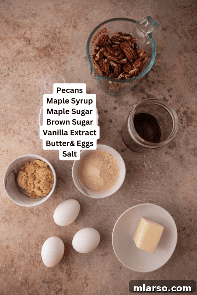 Various essential ingredients for crafting a delicious maple pecan pie, including fresh pecans, pure maple syrup, unsalted butter, eggs, and flour, neatly arranged on a rustic wooden surface.