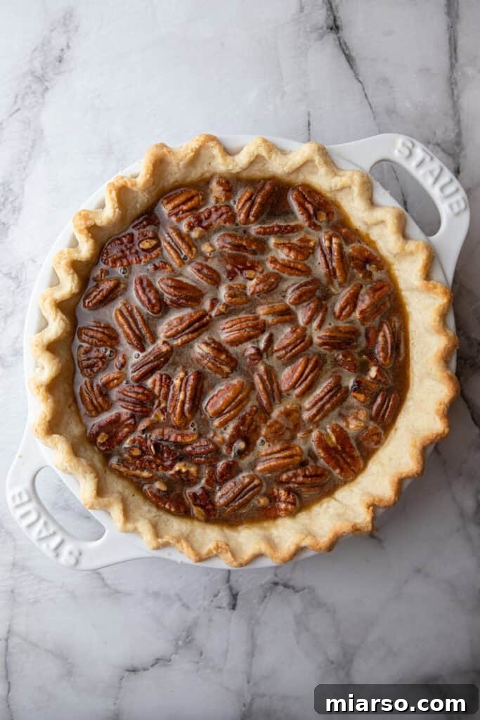 A baked maple pecan pie, showcasing the golden-brown, toasted pecans on top of the perfectly set, glistening filling, all within a beautifully flaky crust.