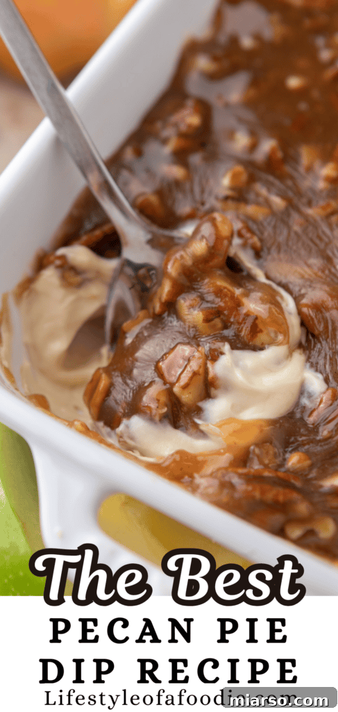 Irresistible Pecan Pie Dip 15 Vertical Pinterest pin image for Pecan Pie Dip, featuring the dip in a rustic bowl.