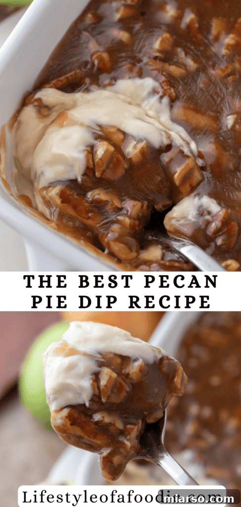 Irresistible Pecan Pie Dip 16 Vertical Pinterest pin image for Pecan Pie Dip, showing a spoonful being lifted.