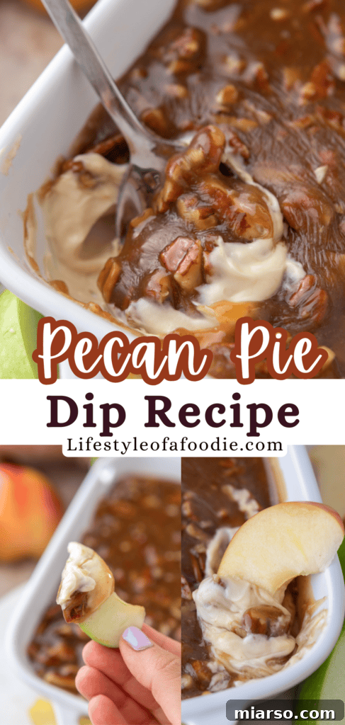 Irresistible Pecan Pie Dip 17 Vertical Pinterest pin image for Easy Pecan Pie Dip, featuring the dip with various dippers.