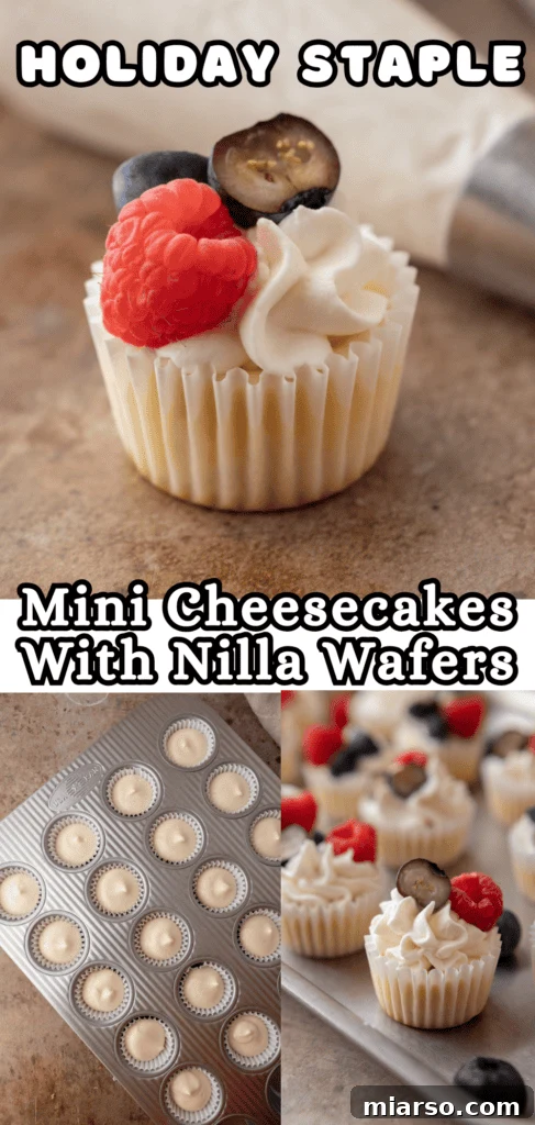 Nilla Wafer Mini Cheesecake Perfection 18 A third Pinterest pin image of Mini Cheesecakes with Nilla Wafers, featuring a close-up of the dessert.