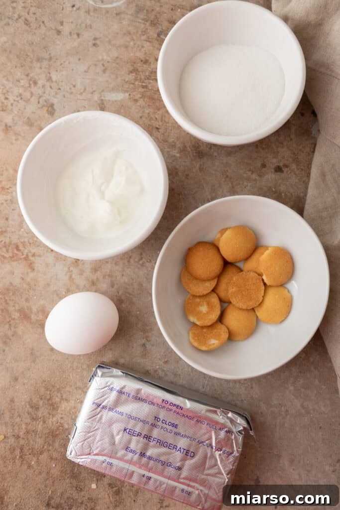Nilla Wafer Mini Cheesecake Perfection 3 Various ingredients for mini cheesecakes with Nilla wafers laid out on a clean counter, including cream cheese, sugar, sour cream, vanilla extract, an egg, and a package of Nilla wafers.