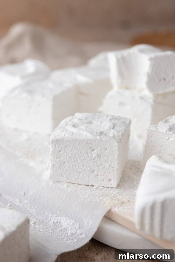 homemade marshmallows laid out on parchment paper, freshly cut