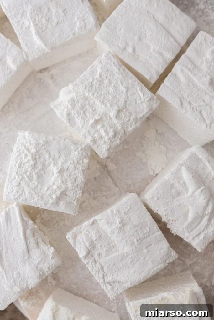 Sliced homemade marshmallows, showing the cross-section