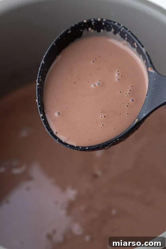 Ladle of creamy hot chocolate lifted from a Crock Pot.