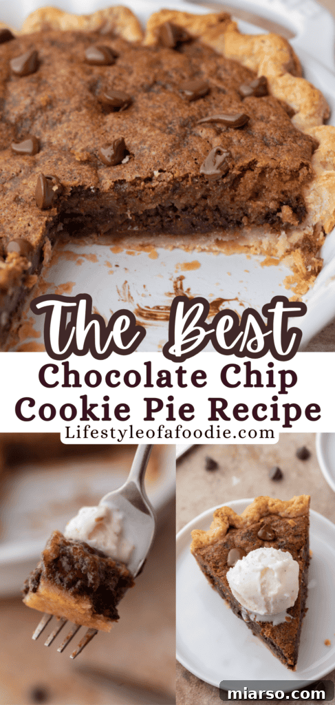 chocolate chip cookie pie recipe pinterest pin with a cozy aesthetic