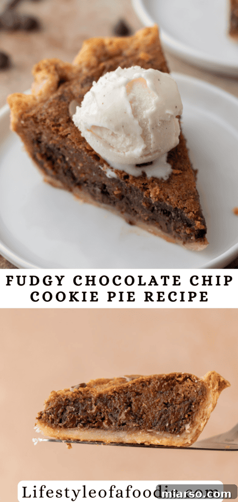 chocolate chip cookie pie recipe pinterest pin with a close-up of a slice