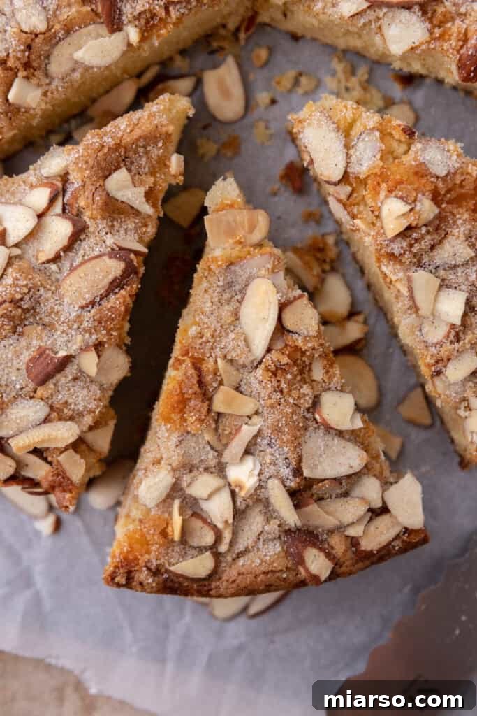 Overhead shot of the full almond cake, beautifully garnished and ready to serve