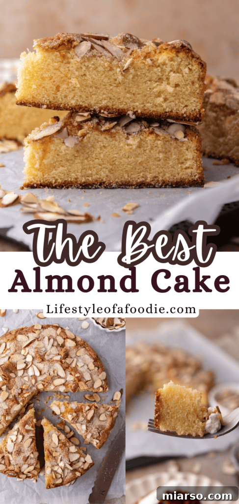 Almond cake recipe Pinterest pin with a slice of cake