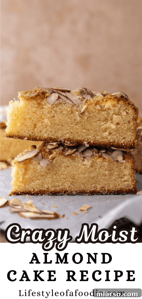 Almond cake recipe Pinterest pin with ingredients and baked cake
