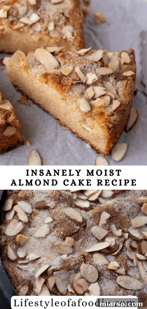 Almond cake recipe Pinterest pin with serving suggestion