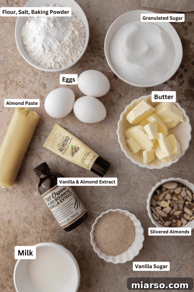 All the essential ingredients for making a delicious almond cake recipe