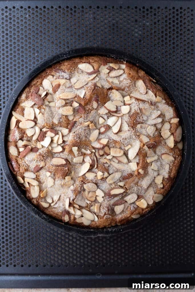 Baked almond cake in the pan, golden brown and perfectly risen