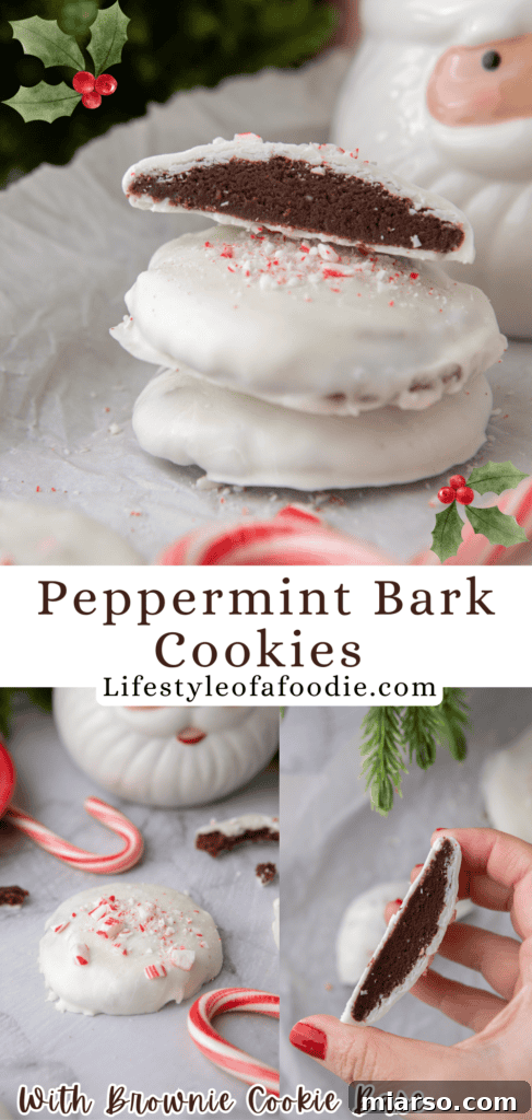 Irresistible Peppermint Bark Cookies 16 Peppermint Bark Cookies Pinterest pin showing one cookie with recipe details.