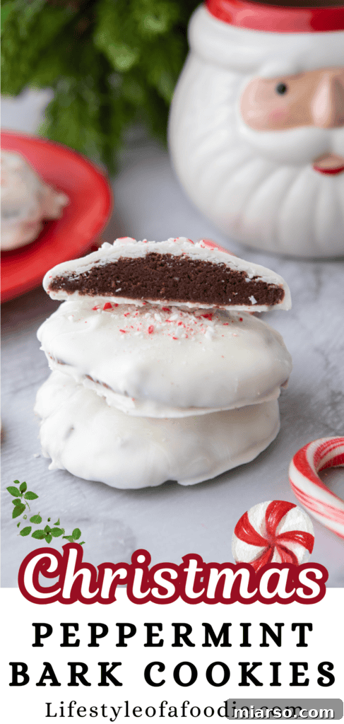Irresistible Peppermint Bark Cookies 17 Long Pinterest pin for Peppermint Bark Cookies recipe with multiple images.