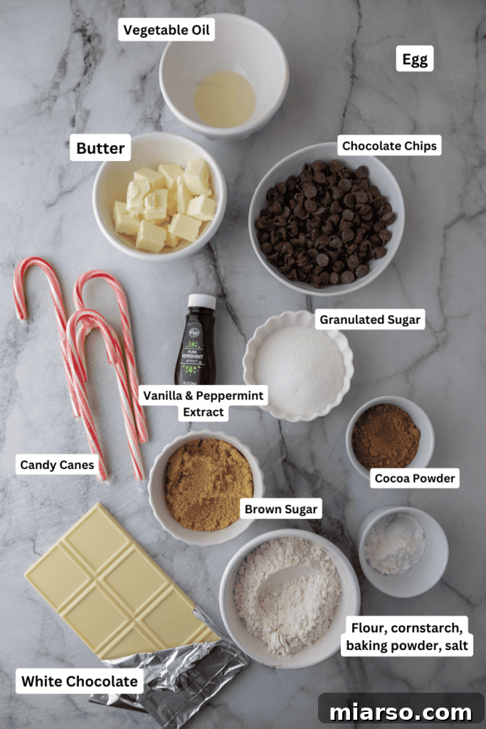 Irresistible Peppermint Bark Cookies 3 Array of fresh ingredients laid out for making peppermint bark cookies recipe.