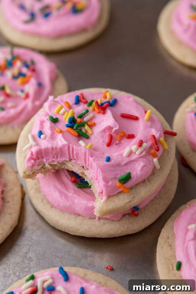 Soft and Fluffy Sour Cream Sugar Cookies 2 A perfectly soft sour cream sugar cookie adorned with vibrant pink frosting and playful rainbow sprinkles, with a gentle bite taken to reveal its fluffy, tender interior. This image perfectly captures the cookie's irresistible texture and delightful presentation.