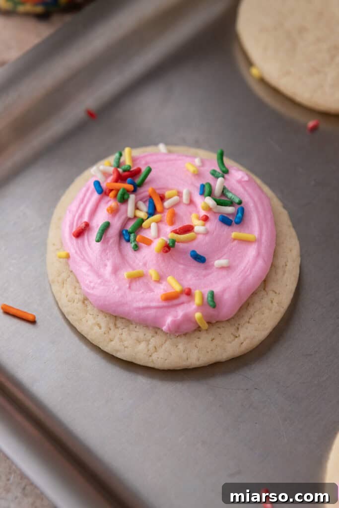Soft and Fluffy Sour Cream Sugar Cookies 12 A beautifully frosted sour cream sugar cookie, vibrant with colorful sprinkles, showcasing the final delightful decoration before serving.