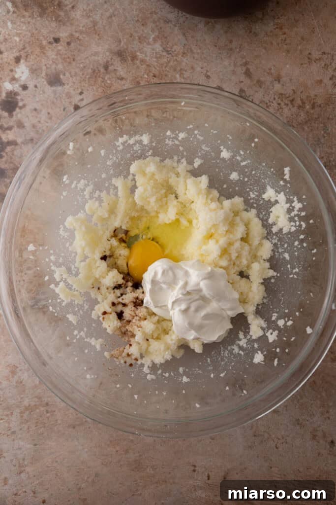Soft and Fluffy Sour Cream Sugar Cookies 5 Softened butter, granulated sugar, creamy sour cream, a cracked large egg, and fragrant vanilla extract are beautifully arranged in a large mixing bowl, ready to be combined for the perfect cookie dough.