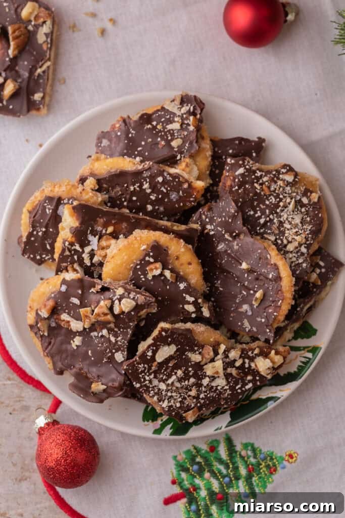 Sweet & Salty Holiday Ritz Toffee Bark 13 overhead shot of the Ritz Cracker Toffee Christmas Crack recipe