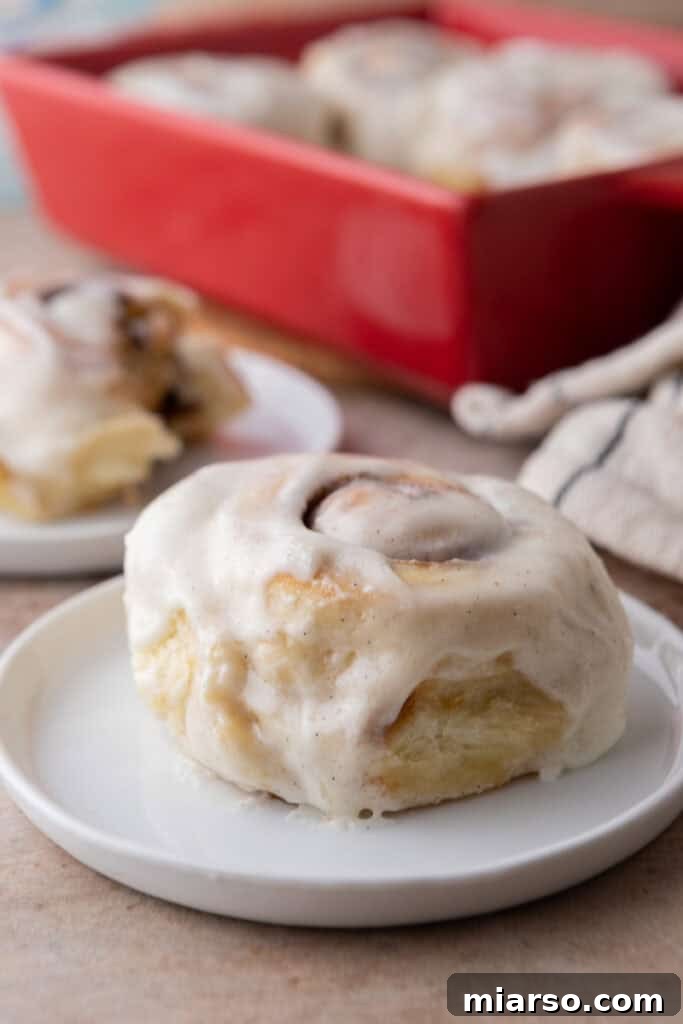 Perfect Small Batch Cinnamon Rolls 3 Single frosted small-batch cinnamon roll on a white plate with more rolls in a red pan in the background.