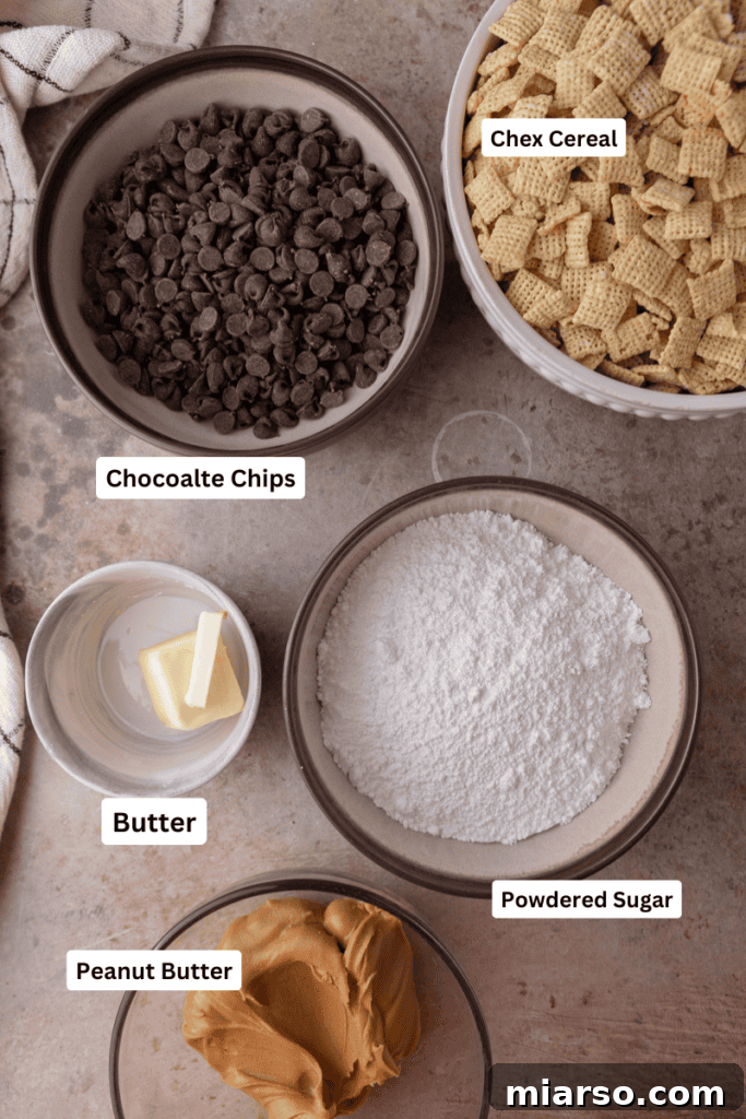 Irresistible Muddy Buddy Bars 3 muddy buddy bars recipe ingredients laid out