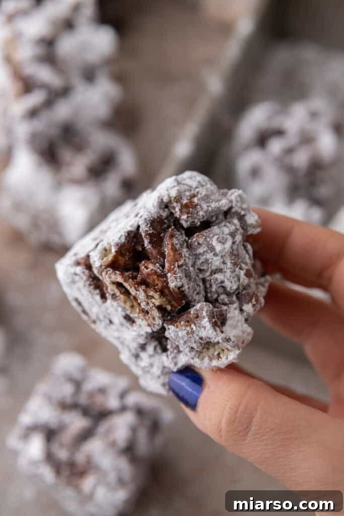 Irresistible Muddy Buddy Bars 4 a hand holding up a piece of muddy buddy bar