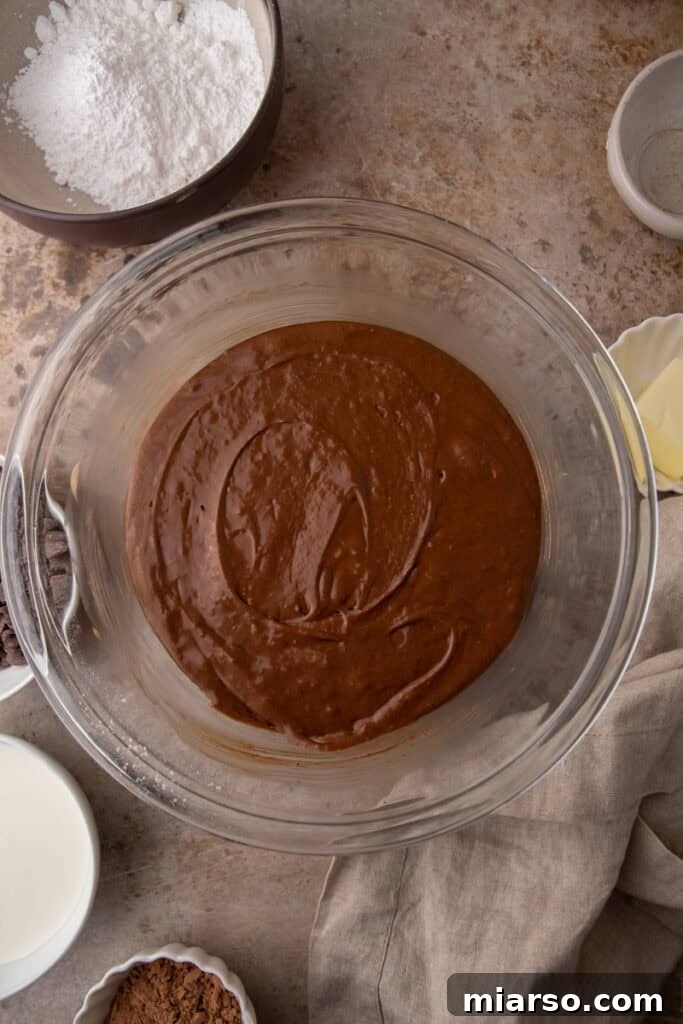 Dry and wet ingredients carefully mixed together to form the final chocolate cake batter, ensuring a tender crumb.
