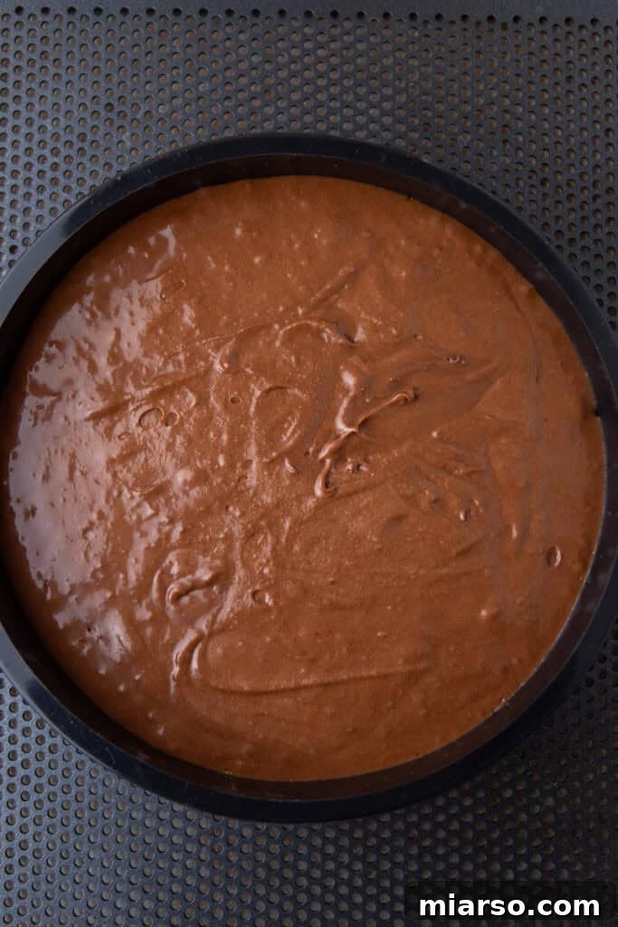 Rich chocolate cake batter poured into a prepared cake mold, ready for baking.