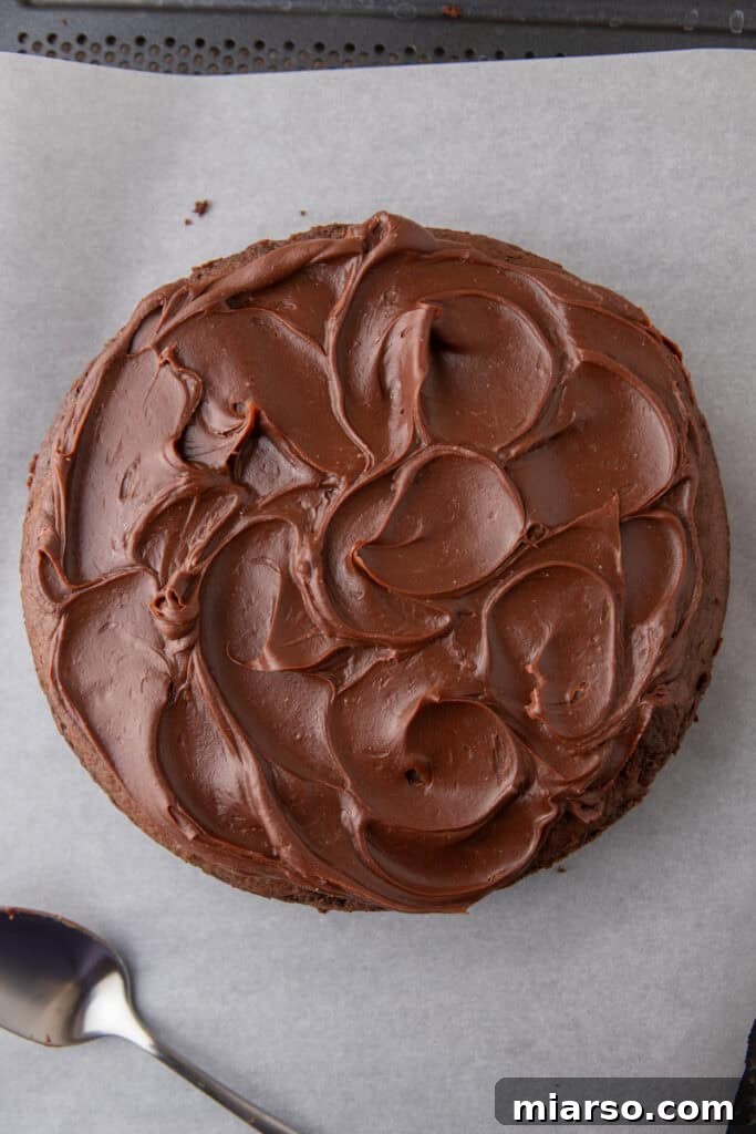 The finished sourdough chocolate cake, beautifully frosted with a shiny ganache, ready for final garnishes.
