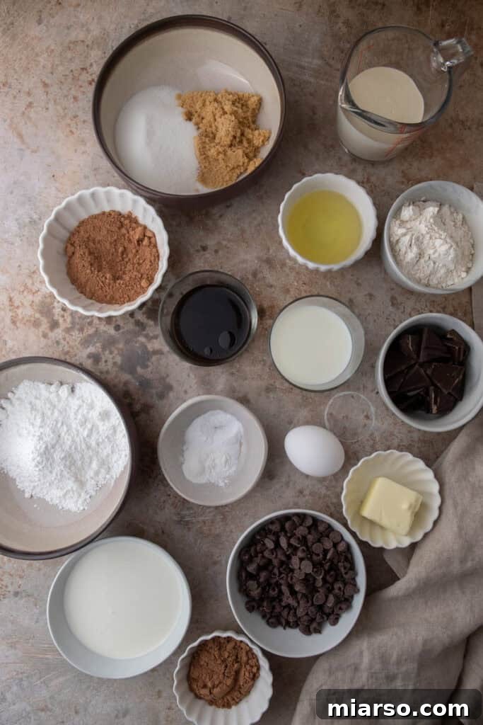 All the fresh and high-quality ingredients laid out for making the Sourdough Discard Chocolate Cake, including chocolate, flour, eggs, and milk.
