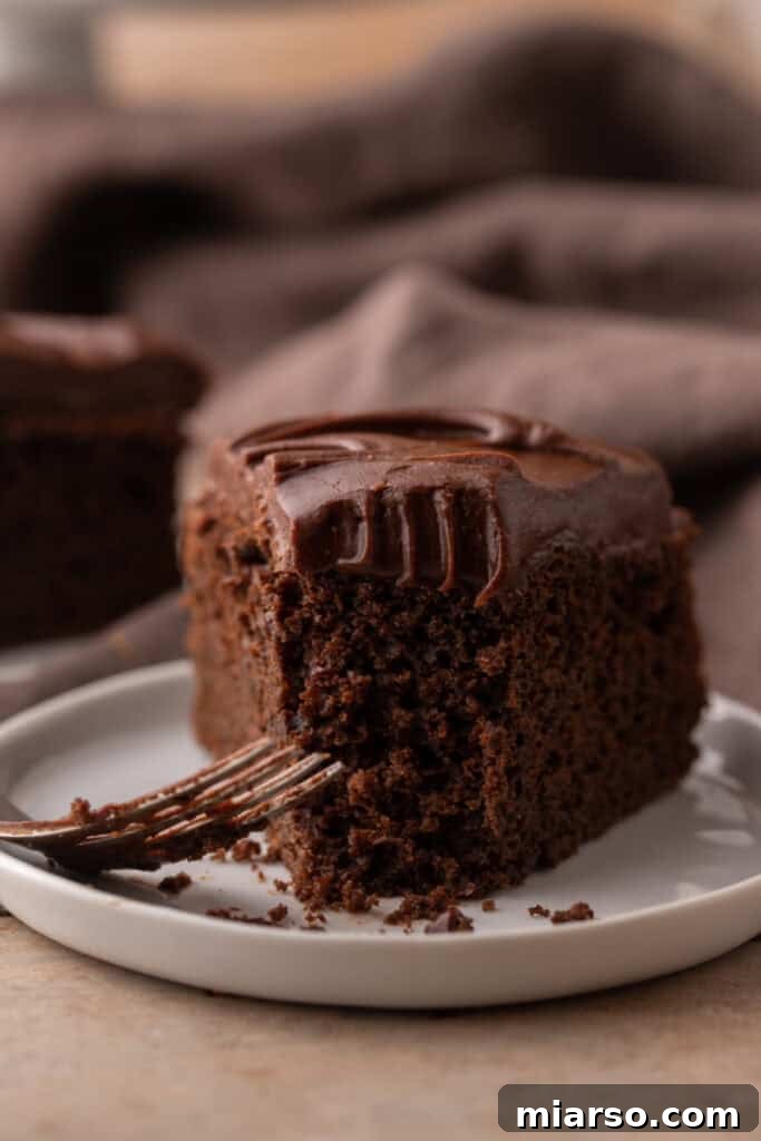 A side profile view of a fully frosted Sourdough Discard Chocolate Cake, highlighting its perfect height and smooth ganache.