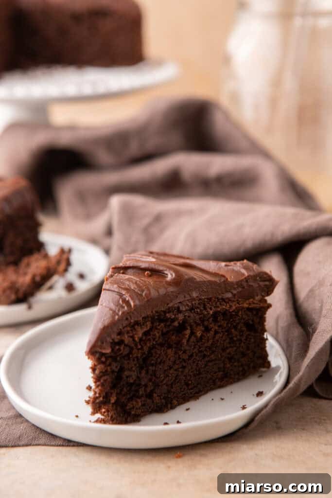 A perfectly cut slice of Sourdough Discard Chocolate Cake, showcasing its fluffy layers and the smooth ganache, ready to be enjoyed.
