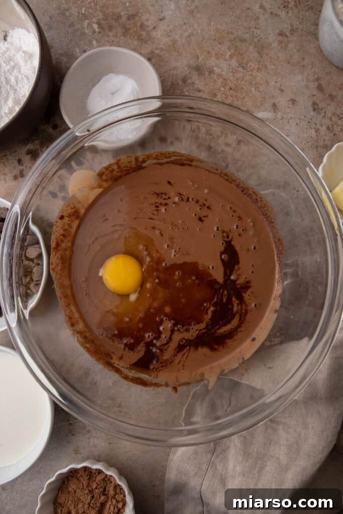 The combined wet ingredients in a large mixing bowl, forming a smooth, dark batter.