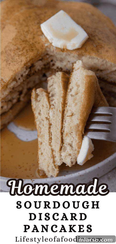 Close-up of a stack of fluffy sourdough discard pancakes