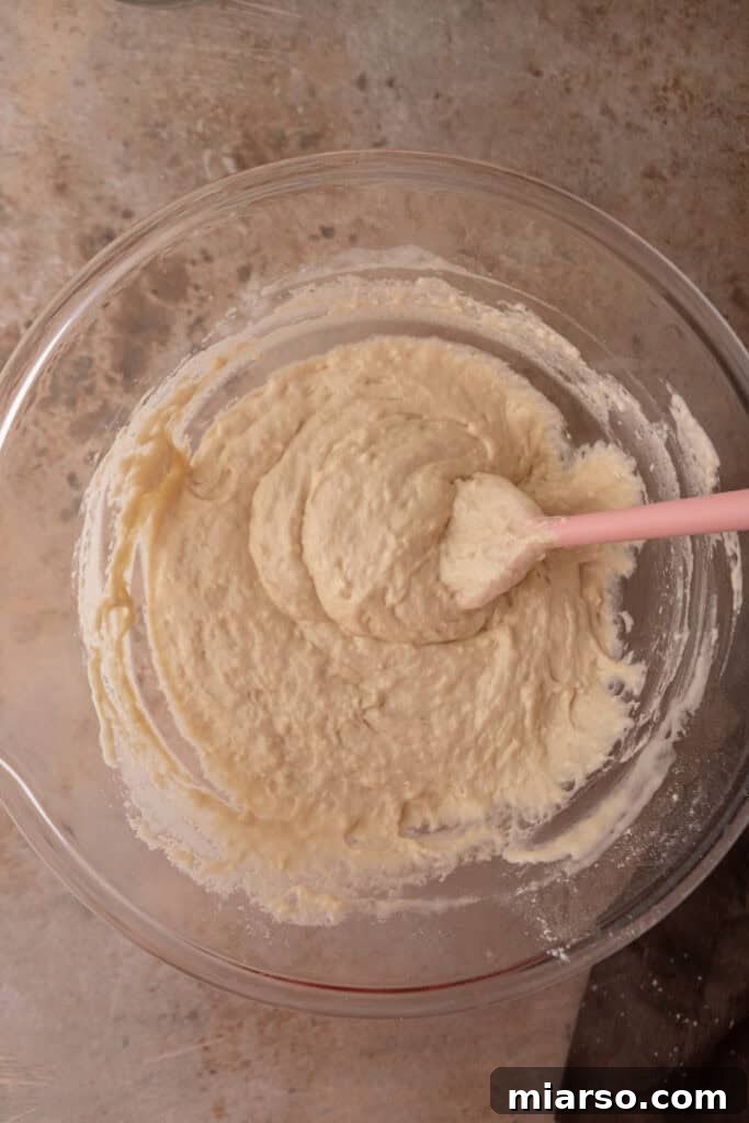 Sourdough pancake batter after mixing, showing a slightly lumpy texture
