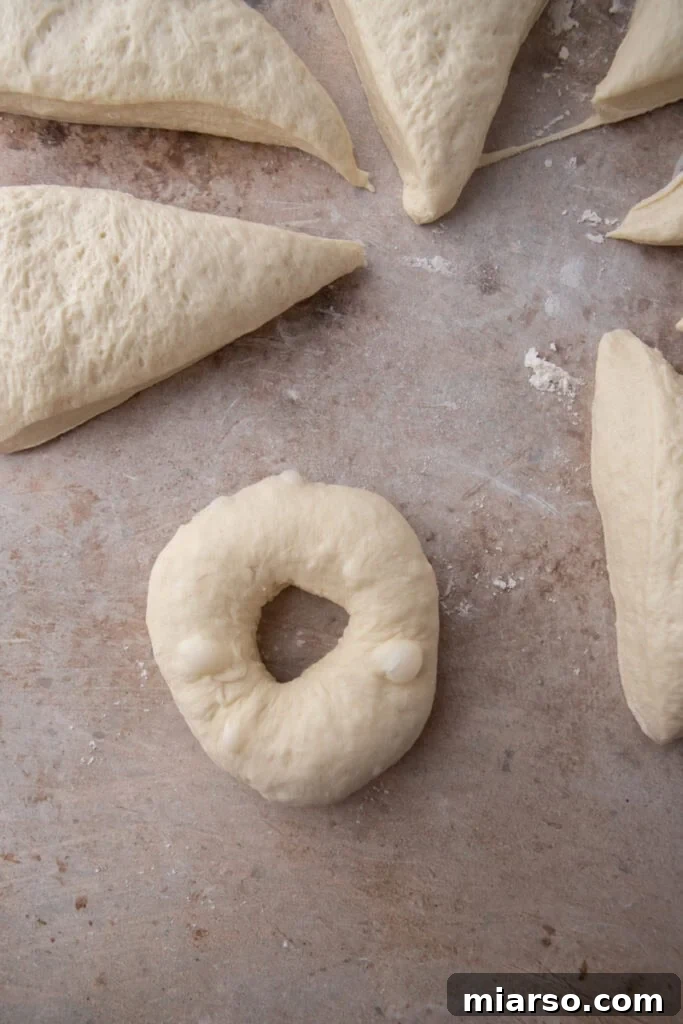 the first sourdough bagel prepped from the dough